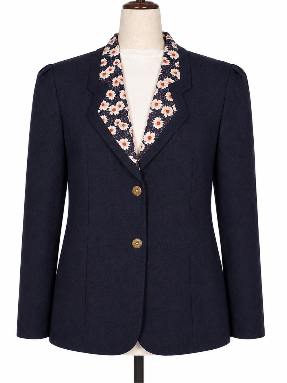 Vintage 70s polyester Navy Floral-daisy Trim lapel Blazer Jacket. Size L